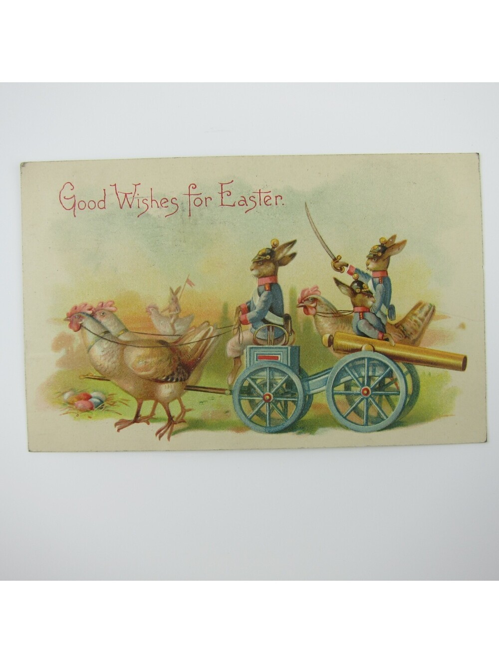 Easter Anthropomorphic Rabbits Soldier Uniforms Ride Chickens Embossed Antique